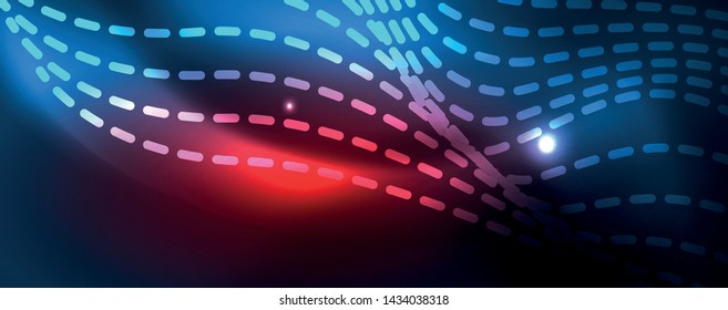 Smooth wave lines on blue neon color light background. Glowing abstract wave on dark, shiny motion, magic space light. Vector techno abstract background, blue color