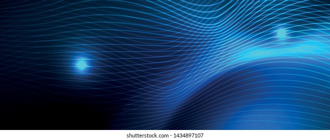 Smooth wave lines on blue neon color light background. Glowing abstract wave on dark, shiny motion, magic space light. Vector techno abstract background, blue color