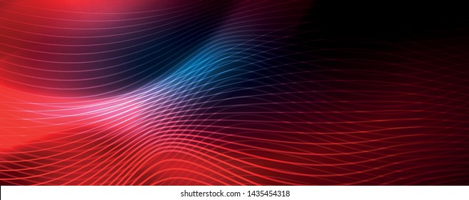 Smooth wave lines on blue neon color light background. Glowing abstract wave on dark, shiny motion, magic space light. Vector techno abstract background, blue color