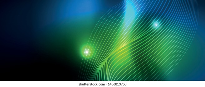 Smooth wave lines on blue neon color light background. Glowing abstract wave on dark, shiny motion, magic space light. Vector techno abstract background, blue color