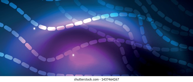 Líneas de onda suaves sobre fondo de luz de neón azul. Ola abstracta brillante en movimiento oscuro y brillante, luz espacial mágica. Fondo abstracto vectorial techno, color azul
