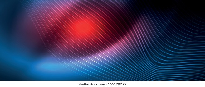 Glatte Wellenlinien auf blauem neonfarbigem hellen Hintergrund. Glühende abstrakte Welle auf dunkler, glänzender Bewegung, zauberhaftes Raumlicht. Abstrakter Vektor-Techno-Hintergrund, blaue Farbe