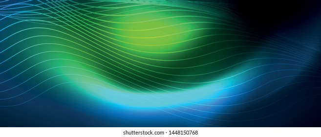Linhas de ondas suaves no plano de fundo de luz azul neon. Onda abstrata brilhante no escuro, movimento brilhante, luz do espaço mágico. Vetor techno fundo abstrato, cor azul