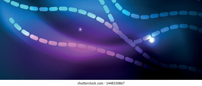 Glatte Wellenlinien auf blauem neonfarbigem hellen Hintergrund. Glühende abstrakte Welle auf dunkler, glänzender Bewegung, zauberhaftes Raumlicht. Abstrakter Vektor-Techno-Hintergrund, blaue Farbe