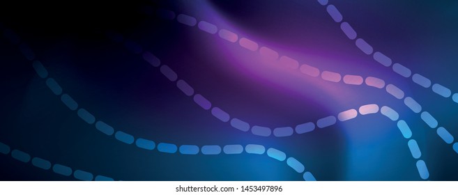 Glatte Wellenlinien auf blauem neonfarbigem hellen Hintergrund. Glühende abstrakte Welle auf dunkler, glänzender Bewegung, zauberhaftes Raumlicht. Abstrakter Vektor-Techno-Hintergrund, blaue Farbe