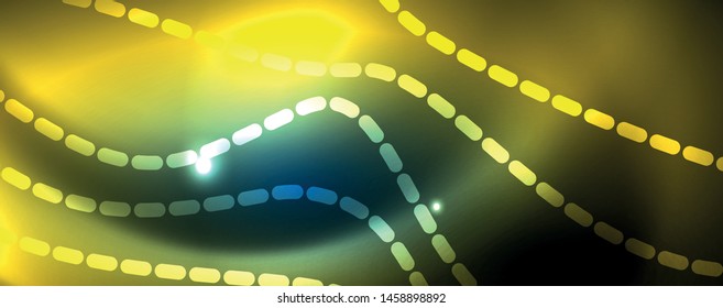 Smooth wave lines on blue neon color light background. Glowing abstract wave on dark, shiny motion, magic space light. Vector techno abstract background, blue color
