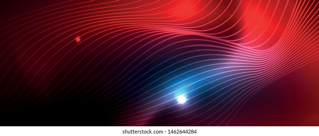 Líneas de onda suaves sobre fondo de luz de neón azul. Ola abstracta brillante en movimiento oscuro y brillante, luz espacial mágica. Fondo abstracto vectorial techno, color azul