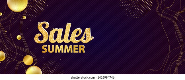 Smooth wave lines romantic gold summer background. Golden sale and arabesque pattern on dark blue banner trend gradient art
