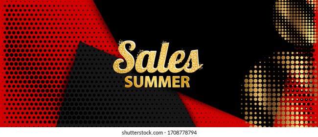 Smooth wave lines romantic gold summer background. Golden sale on red background pattern on dark banner. Stock vector illustration