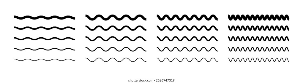 Smooth wave and wiggle lines. Vector underline elements or abstract dividers. Ocean, air, and water movement symbols isolated