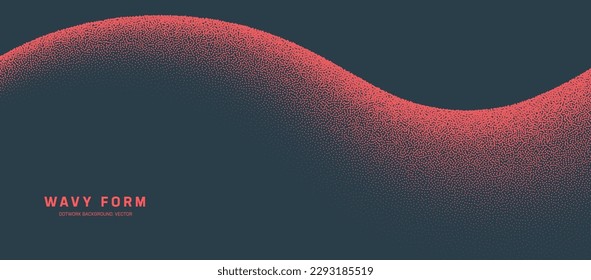 Smooth Wavy Form Vector Curved Border Red Dot Work Aesthetic Abstract Background. Dynamic Line Wide Panoramic Minimalistic Conceptual Wallpaper. Halftone Gradient Contemporary Graphic Art Abstraction