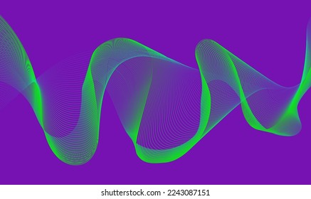 Smooth wavy green lines on a purple background. Vector drawing.