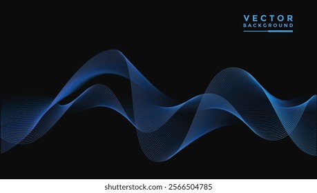 Smooth wavy lines, bright blue, small wave elements, black background, designed with soft yet elegant textured materials.