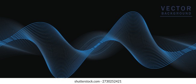 Linhas onduladas suaves, azul brilhante, elementos de ondas pequenas, fundo preto, projetado com materiais texturizados macios, mas elegantes.eps 10