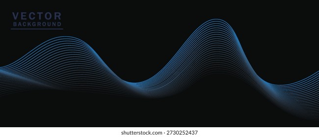 Linhas onduladas suaves, azul brilhante, elementos de ondas pequenas, fundo preto, projetado com materiais texturizados macios, mas elegantes.eps 10
