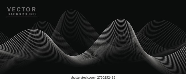 Linhas onduladas suaves, cinza brilhante, elementos de ondas pequenas, fundo preto, projetado com materiais texturizados macios, mas elegantes.eps 10