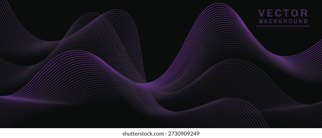 Linhas onduladas suaves, roxo brilhante, elementos de ondas pequenas, fundo preto, projetado com materiais texturizados macios, mas elegantes.