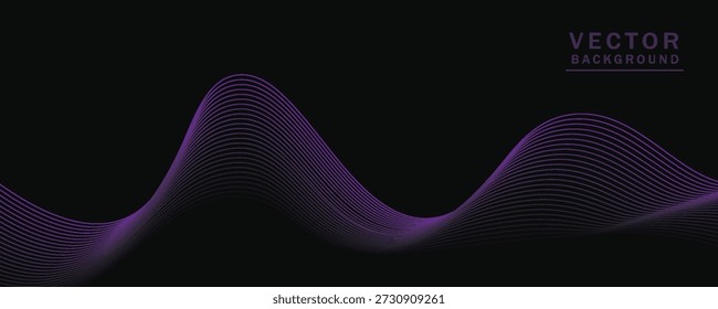 Linhas onduladas suaves, roxo brilhante, elementos de ondas pequenas, fundo preto, projetado com materiais texturizados macios, mas elegantes.