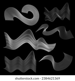 Smooth wavy lines, Sound wave, Abstract form of smoke flowing matter. Vector elements on a black background.