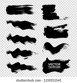 Smooth and wavy textured brush strokes with black paint or ink set isolated on imitation transparent background
