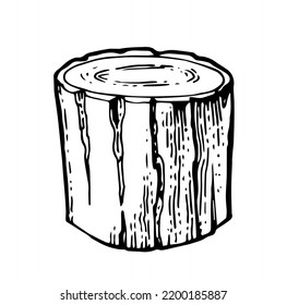 Tapón de madera lisa. Árbol restante con raíces. Planta forestal o de jardín. Esbozo de contorno dibujado a mano. Aislado sobre fondo blanco. Vector