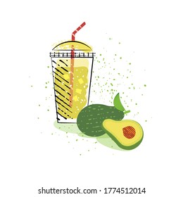 Smoothie or avocado cocktail in a transparent glass with a tube. Vector hand drawing in sketch style.