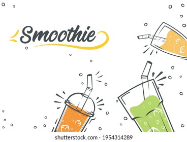 Smoothie background. Cold drinks, summer shakes and cocktails. Superfoods and health or detox diet food concept in sketch style.