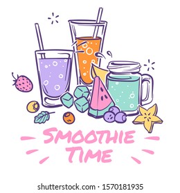 Smoothie background. Detox drink, summer cocktail with natural juices takeaway, healthy organic vegan nutrition, smoothies fruit fresh day vector recipe poster