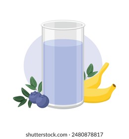 Smoothie with banana and blueberry. Healthy drink. Vitamin. Beverage. Icon. Card. On a white background. Flat art. Glass of blue liquid. Colored illustration.