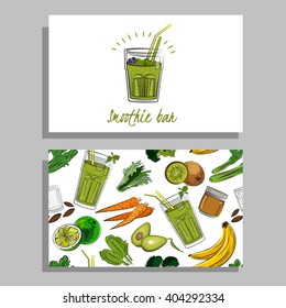 Smoothie bar. Corporate identity. Logotype and pattern. Hand drawn illustration.