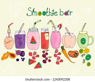 
Smoothie bar, different taste of the drink, a lot of dishes, straw, straw, business card, flyer, beautiful background, detox, vegetarian, lettering, fruit, dishes for smoothies, packaging, decoration