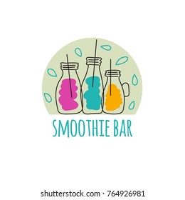 Smoothie bar. Hand drawn logo vegan smoothie restaurant. Jars with straws. Vector illustration