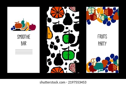 Smoothie bar menu and fruits party invitation cards, prints or posters. Bright fruits. Vector design elements.