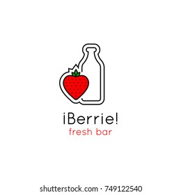 Smoothie bar minimalistic logo. Vector line style emblem with strawberrie and bottle.