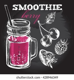 Smoothie berry in glass mason jar with straw and cherry, strawberry, blackberry. Hand-drawn vector illustration on the blackboard.