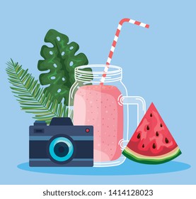 smoothie beverage with watermelon fruit and camera with leaves
