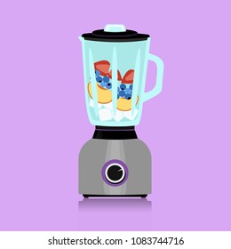 Smoothie blender with fruit and ice. Electronic kitchen appliance. Isolated on purple background. Flat design vector illustration