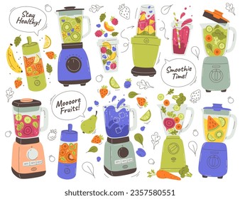 Smoothie blender kitchenware machine for healthy fruit and vegetable detox drink, dieting beverage, juicy mix shake preparation with different ingredient vector illustration isolated sketch set