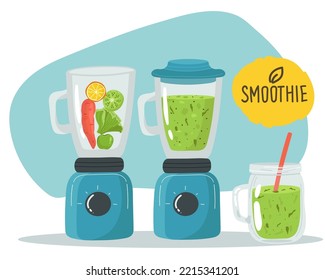 Smoothie in blender or mixer. Shaking, mixing detox healthy fruit juice smoothies. Green veg nutrition. Vegetables mix. Kitchen electric shaker machine. Food processor, juicer. Vector illustration