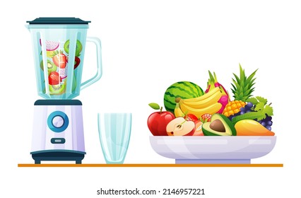 Smoothie in blender mixer with various fresh fruits illustration