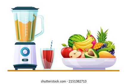Smoothie in blender mixer with various fresh fruits vector illustration