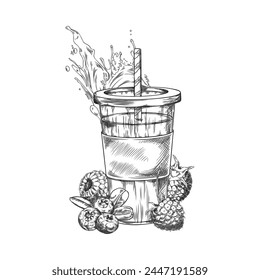 Smoothie with blueberry and raspberry engraved hand drawn vector illustration. Natural fruit berries shake cocktail with splash black sketch. Mix berry smoothie in a jar with straw isolated on white