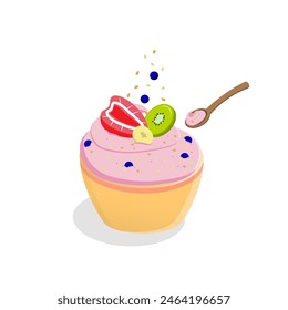 Smoothie in a bowl, a dessert made from frozen mixed fruit blended together in a blender. And then decorate it. Strawberry, banana, kiwi, blueberry, oatmeal.