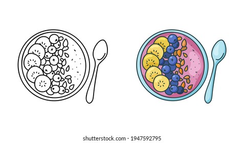 Icono de doodle de tazón liso. Versión lineal y en color. Ilustración simple negra de plato con puré de fruta y cuchara. Contorno pictograma vectorial aislado sobre fondo blanco