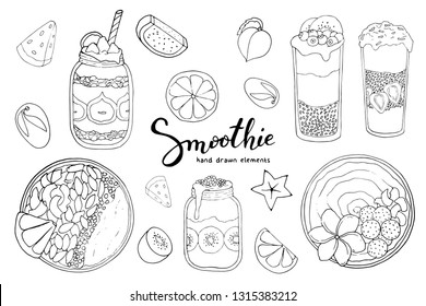 Smoothie bowl doodles set. Healthy and colorful breakfast acai smoothie bowl with fruit toppings. Healthy summer meal. Smoothie detox. Diet. Detox. Shake. 