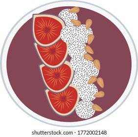 Smoothie bowl with figs, dragon fruit and almond. Healthy breakfast vector illustration.