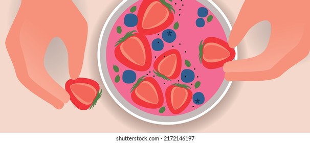 Smoothie bowls and hand cooking, flat vector stock illustration with healthy vegan food and strawberries