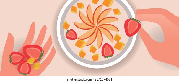 Smoothie bowls and hand thieves, flat vector stock illustration with healthy vegan food, strawberries and magno
