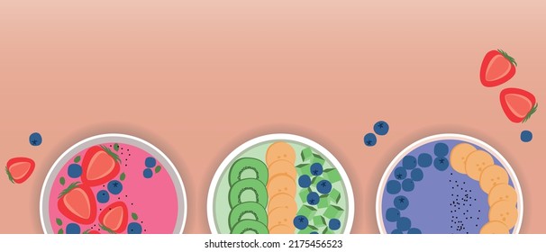 Smoothie bowls set isolated, flat vector stock illustration with healthy vegan food as copy space template for design and overlay