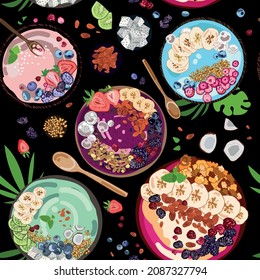 Smoothie bowls top view seamless pattern on black background.Vector illustration of acai, spirulina, chia and berry, fruit smoothie bowls hand drawing.Healthy vegetarian food.vegan dessert